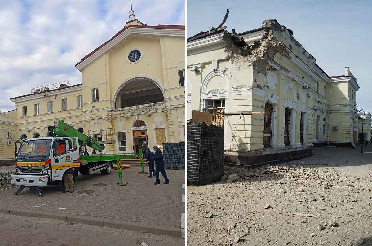 Херсонський вокзал до та після обстрілів